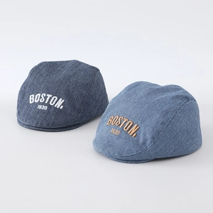 Classic washed denim newsboy caps for babies in navy and light blue with Boston embroidery