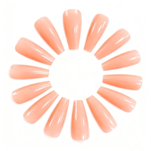 Set of 15 long coffin shape nude pink press on nails with glossy translucent finish