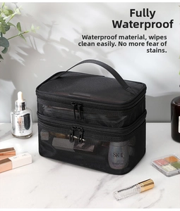 Detail view of black double-layer mesh makeup bag with dual zippers and carry handle