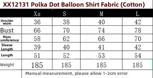 Detailed size measurement guide for polka dot balloon sleeve poplin shirt for women