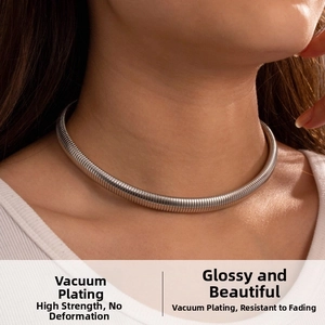 Close-up of a silver stainless steel spring snake chain choker worn by a model