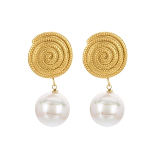 French style spiral stainless steel earrings with white pearl pendants on white backdrop