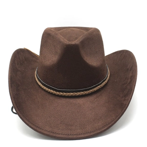 Detail of dark brown suede cowboy hat with braided leather band and curved brim
