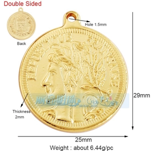Macro detail of a 25mm gold-plated French coin pendant showing both sides and dimensions