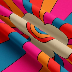 Close-up of retro pop art tapestry fabric with colorful bold patterns and woven texture