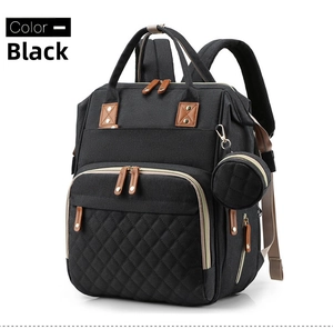 Detail of black diaper backpack with quilted pattern and detachable coin purse