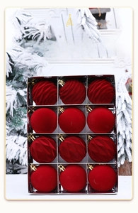 Detail of 12 red velvet Christmas balls with assorted textures and golden hooks