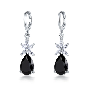 Elegant silver earrings with black teardrop zircon stones and flower-shaped accents