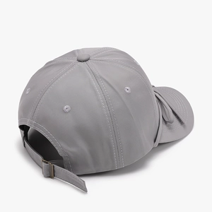Grey quick-dry baseball cap for women with adjustable metal buckle and ribbon detail