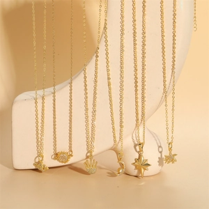 Collier Pendentif En Cuivre Et Zircon Soleil Lune Étoile Coeur Couronne Étoile De Mer Plqué Or Bijoux Élégants Pour Femmes