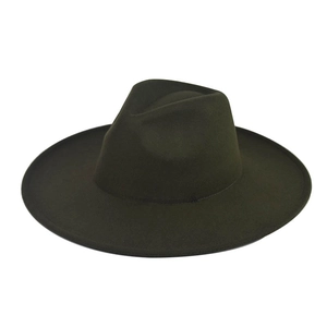Detailed close-up of dark green wool fedora with metal chain and stitching on wide brim