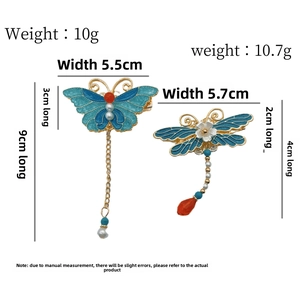 Detailed view of enamel butterfly and dragonfly hair clips with pearl tassels and measurements