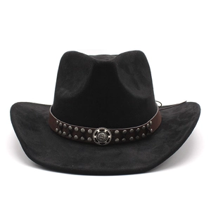 Detail of black cowboy hat featuring a brown leather band with metal rivets and buckle