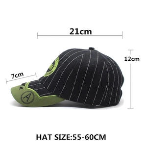 Black and green baseball cap with white stripes, embroidered Austria logo and size guide