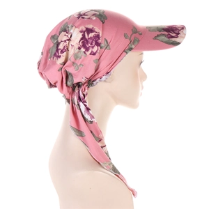 Detailed side view of floral pink headscarf hat with visor and long tie straps
