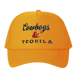 Yellow mesh trucker hat with Cowboys & TEQUILA embroidery and adjustable strap