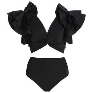 Elegant two-piece black bikini set with ruffled shoulders and high-waisted bottoms