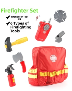 Detailed view of kids firefighter tool backpack set with extinguisher, axe, and radio