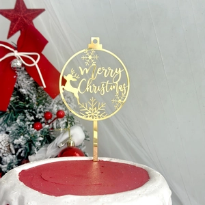Topper per torta dorato in acrilico Merry Christmas con renna e fiocchi di neve