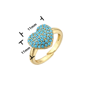 Detailed macro view of 11mm heart shaped ring with blue stones and gold adjustable band