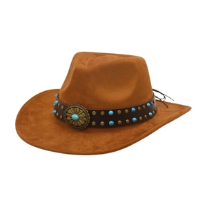 Detail of brown cowboy hat with leather band featuring turquoise beads and metal buckle
