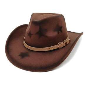Brown wool felt Western cowboy hat with black star pattern and adjustable belt strap