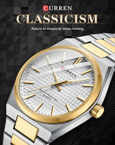 Detailed close-up of CURREN luxury quartz watch with silver and gold stainless steel band