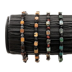 Natural Stone Beaded Bracelet Tiger Eye African Pine Square Beads Stainless Steel Adjustable Men Jewelry Retro Style