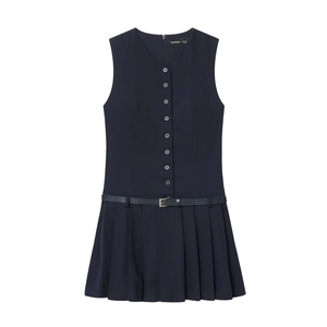 Ärmelloses Mini Kleid Damen Polyester Hohe Taille Knöpfe Vorne Schick Plissiert Einfarbig Mit Gürtel Marineblau