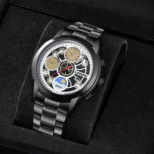 Men's black quartz watch with sun-moon phase and skeleton dial in premium gift box