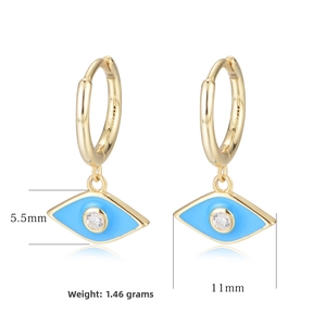 Detailed view of S925 sterling silver evil eye hoop earrings with blue enamel and zircon