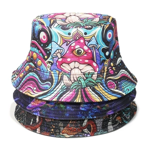 Stack of three psychedelic bucket hats with colorful mushroom prints on white background