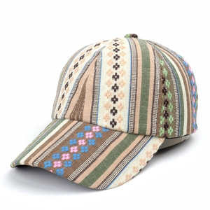 Vintage bohemian striped baseball cap with ethnic floral embroidery for sun protection