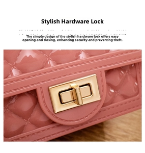 Detail of pink jelly bag showing classic quilted pattern and gold hardware turn-lock closure