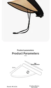 Detailed diagram of foldable straw sun hat with adjustable strap and UPF 50+ protection