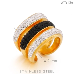 Detail view of 21mm wide gold stainless steel ring with black and white rhinestones