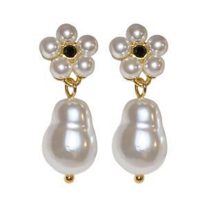 Vintage floral pearl drop earrings with black crystal center and golden metal finish