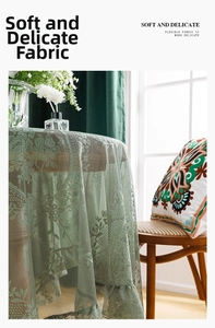 Close-up of soft green lace tablecloth featuring delicate floral patterns and ruffled edges
