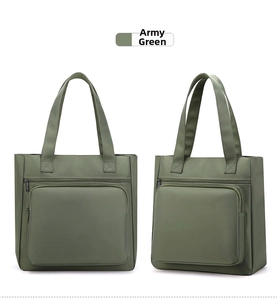 Army green nylon tote bag featuring a spacious main compartment and large front zipper pocket