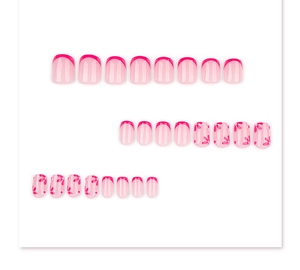 Detailed set of 24 short square press-on nails with red French tips and floral patterns