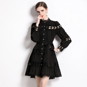 Elegant black lace midi dress with stand collar, pearl buttons and tied waist belt