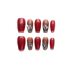 Handmade gradient burgundy and pink press-on nails set with sparkling silver rhinestones