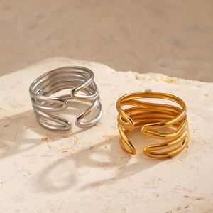 Minimalist 18K gold and silver plated stainless steel multi-layer wave open rings