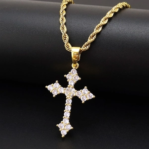 Collier Pendentif Croix Glacée Cuivre Incurvé Zircone Cubique Chaîne Corde En Acier Inoxydable Bijoux Hip Hop