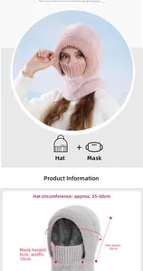 Detailed size chart for winter knitted beanie and face mask set with plush fleece lining