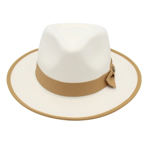 Classic cream wool felt jazz hat with tan ribbon, bow detail and metal logo accent