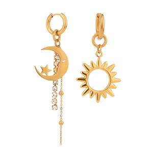 Gold stainless steel asymmetric earrings with crescent moon, star, and sun tassels with rhinestones