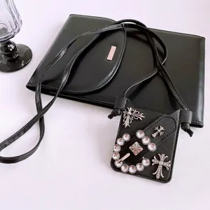 Mini Bag Necklace Black Leather Alloy Rhinestone Cross Pendant Gothic Sweet Cool Style Clavicle Chain Women