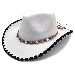 Western Cowboy Hat Cotton Polyester Felt Wide Brim Braided Band Starfish Beads Ethnic Style Men Women