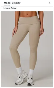 Detailed side view of linen yoga leggings showing high waist pleats and fabric texture